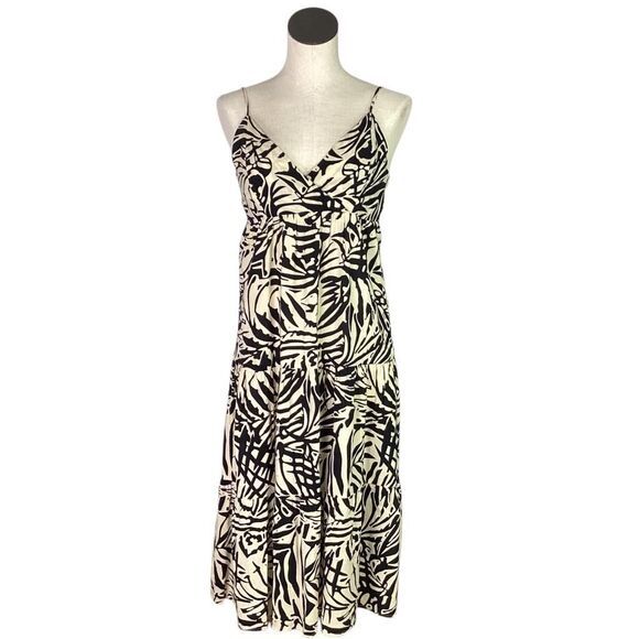 Patrons of Peace Dress Womens M Black Ivory Fern Print V Neck Midi Boho Beach - Picture 1 of 8